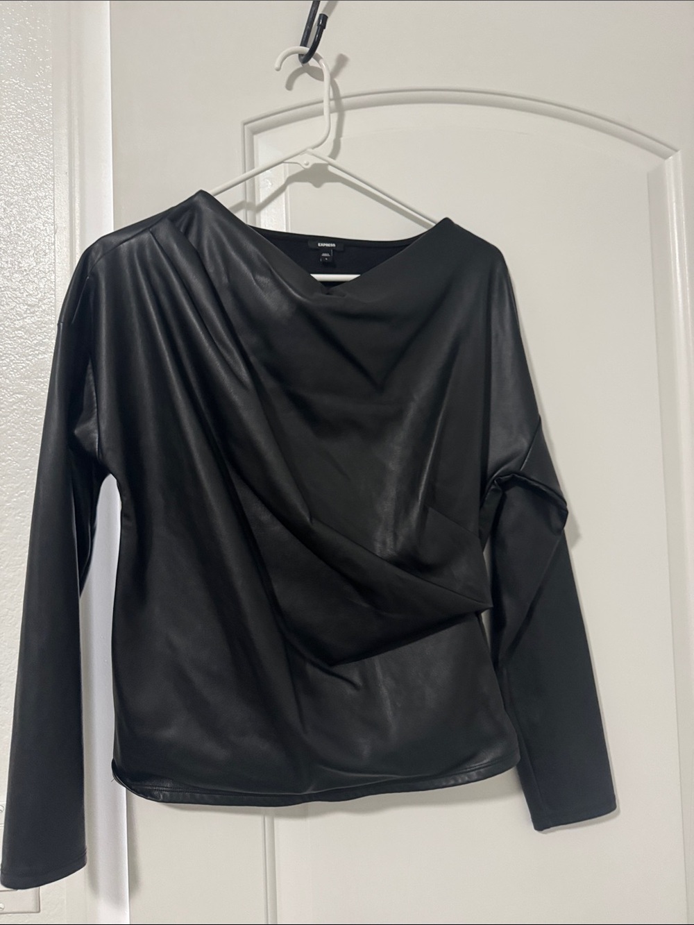 Express Black Faux Leather Draped Long Sleeve Top